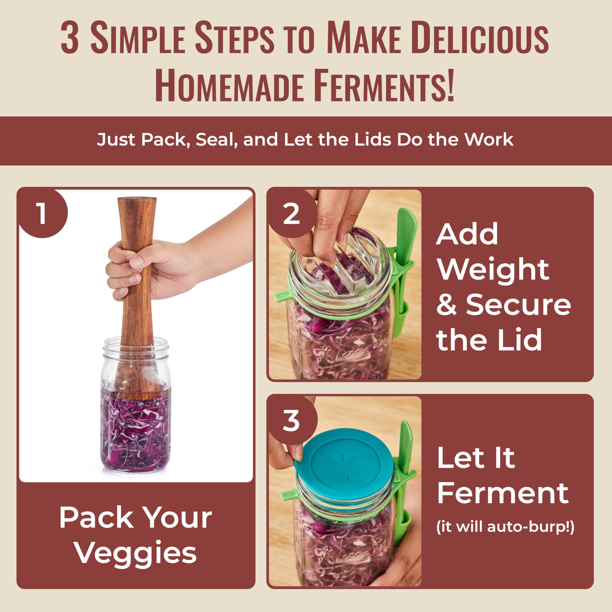 The Amish Chef self-venting lid releases gas safely, reducing pressure during ongoing ferments