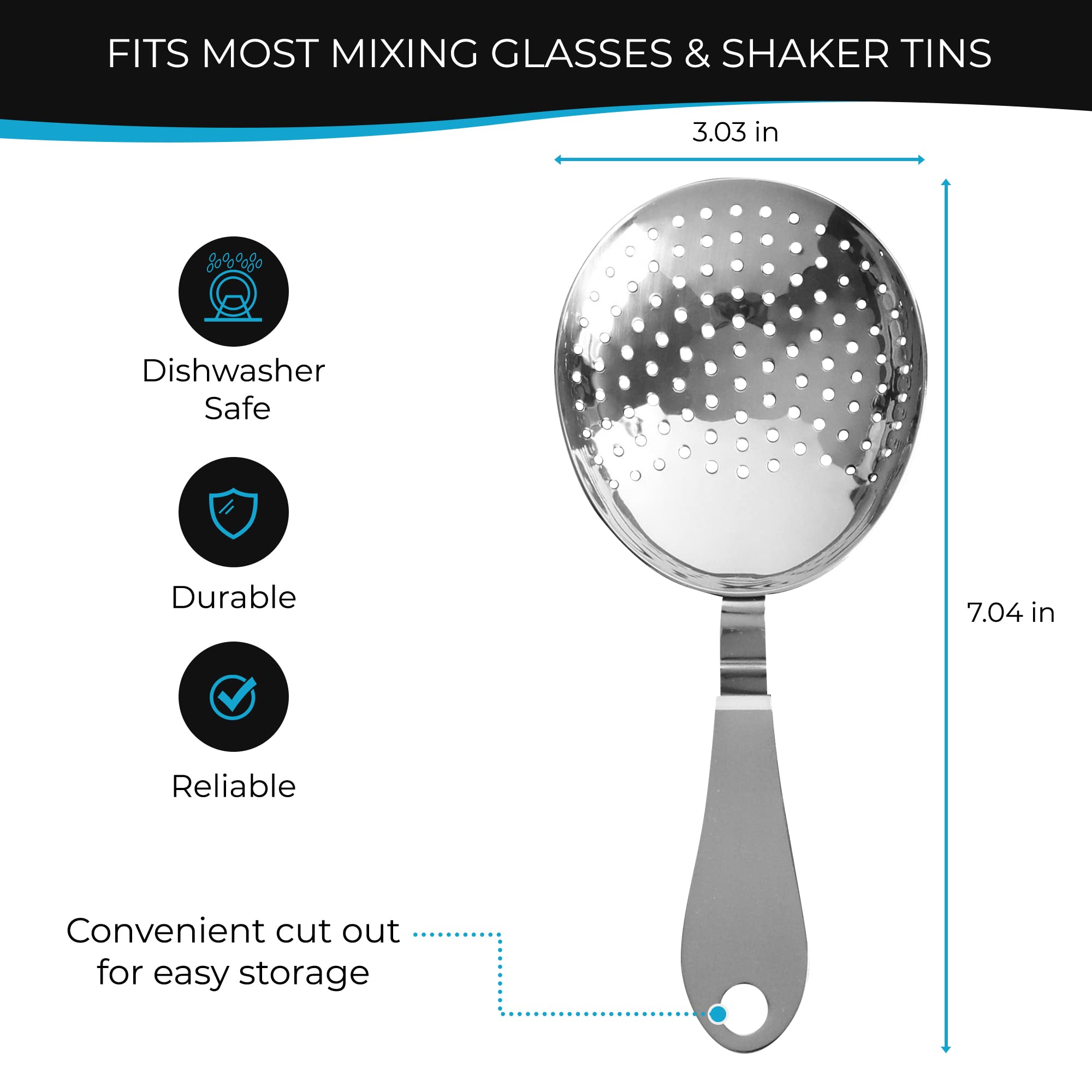 The Art of Craft Julep Strainer with bent handle resting on glass edge for one-handed use