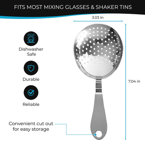 The Art of Craft Julep Strainer with bent handle resting on glass edge for one-handed use