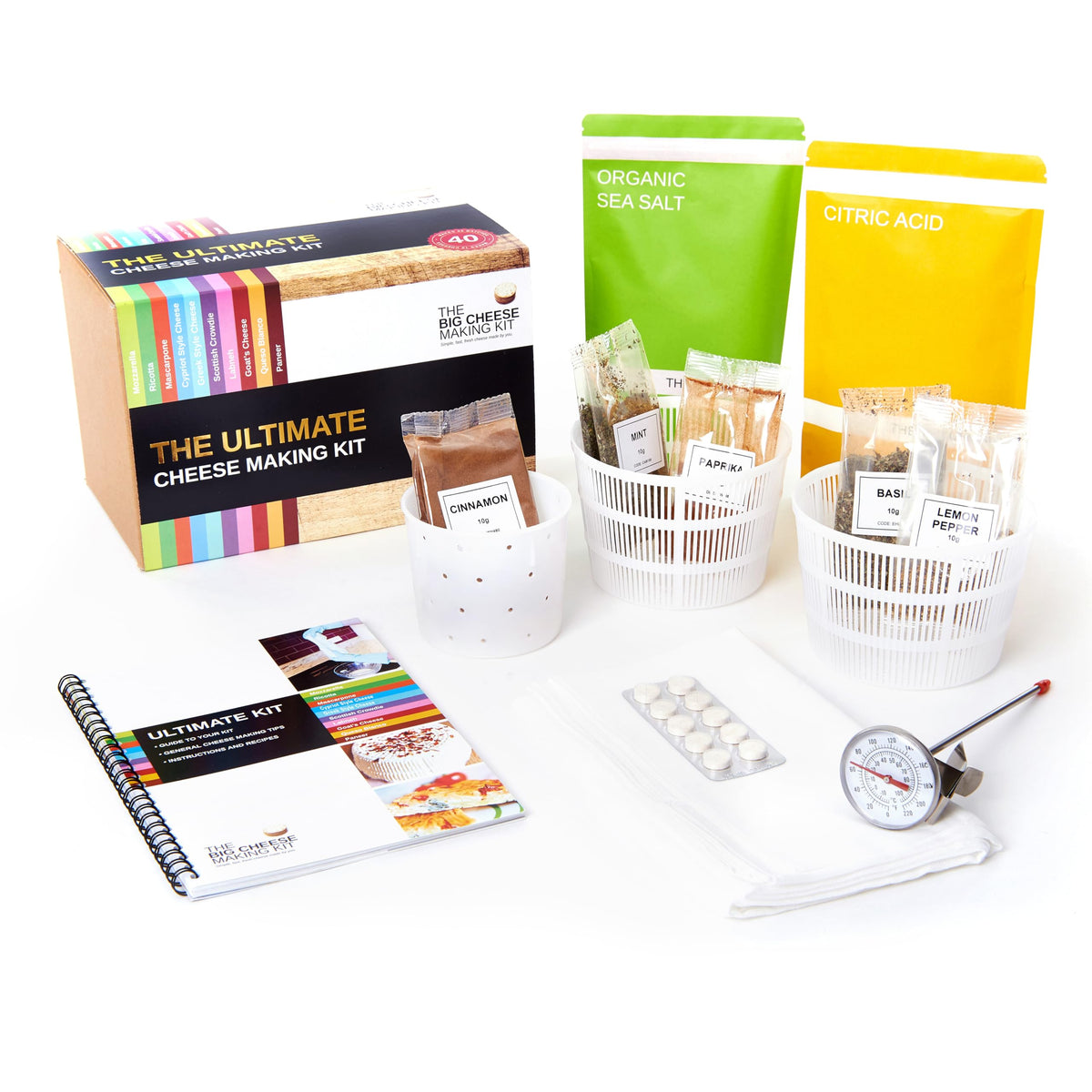 The Big Cheese Making Kit packaging montage shows a complete at-home cheesemaking setup.