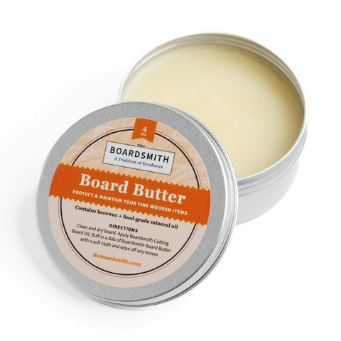 The Boardsmith Cutting Board Butter on shelf, natural wood protection.