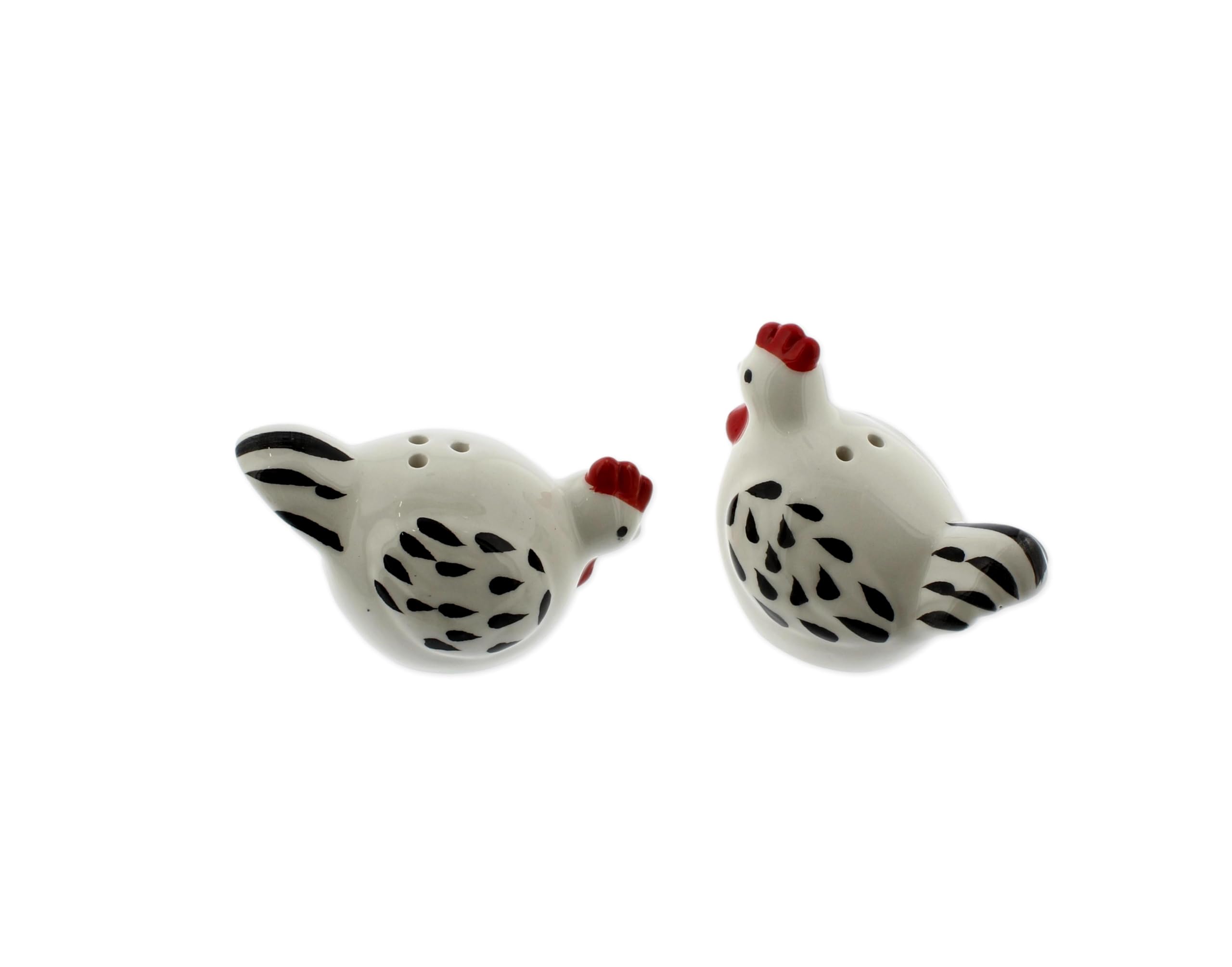 The Bridge Collection ceramic chicken shakers fit kitchen shelves as a decorative accessory.