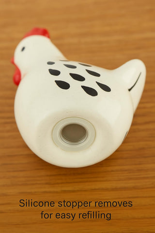The Bridge Collection cute hen shaker closeup highlights detailed ceramic craftsmanship.