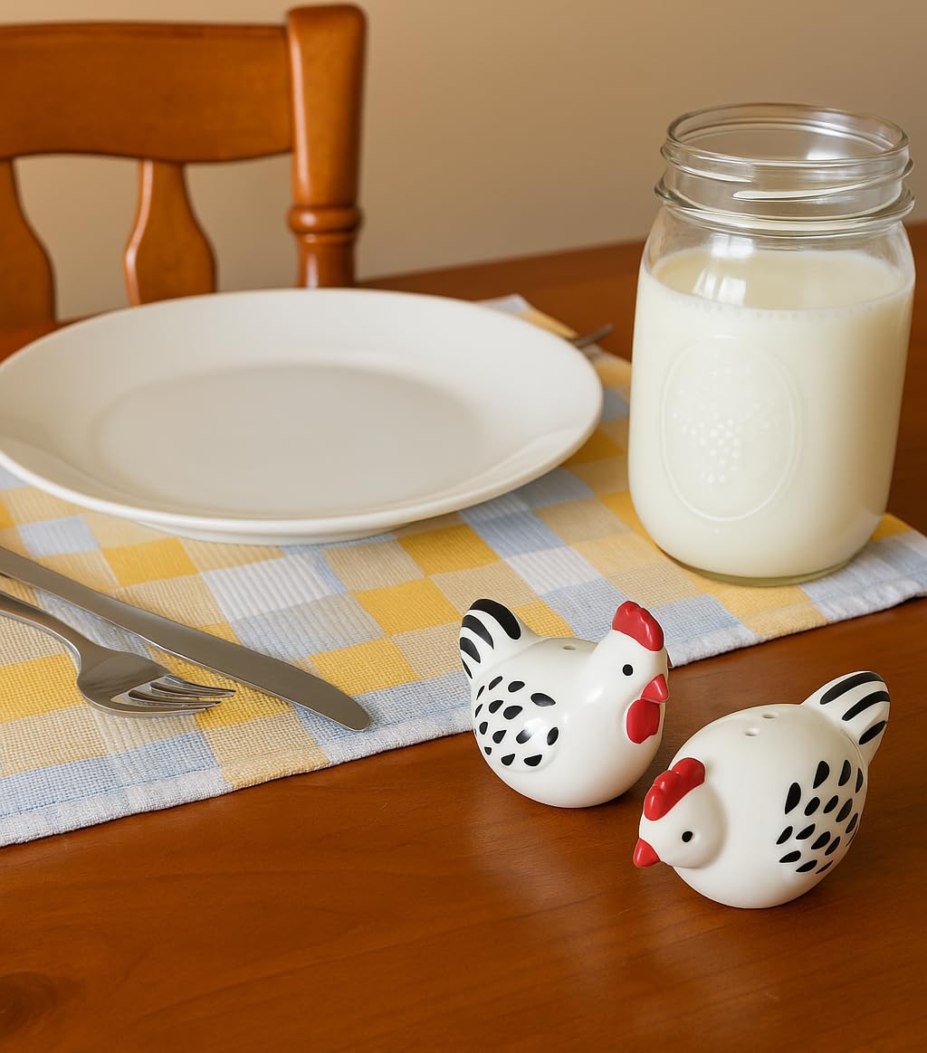 The Bridge Collection farmhouse table decor with hen shakers enhances country style dining.