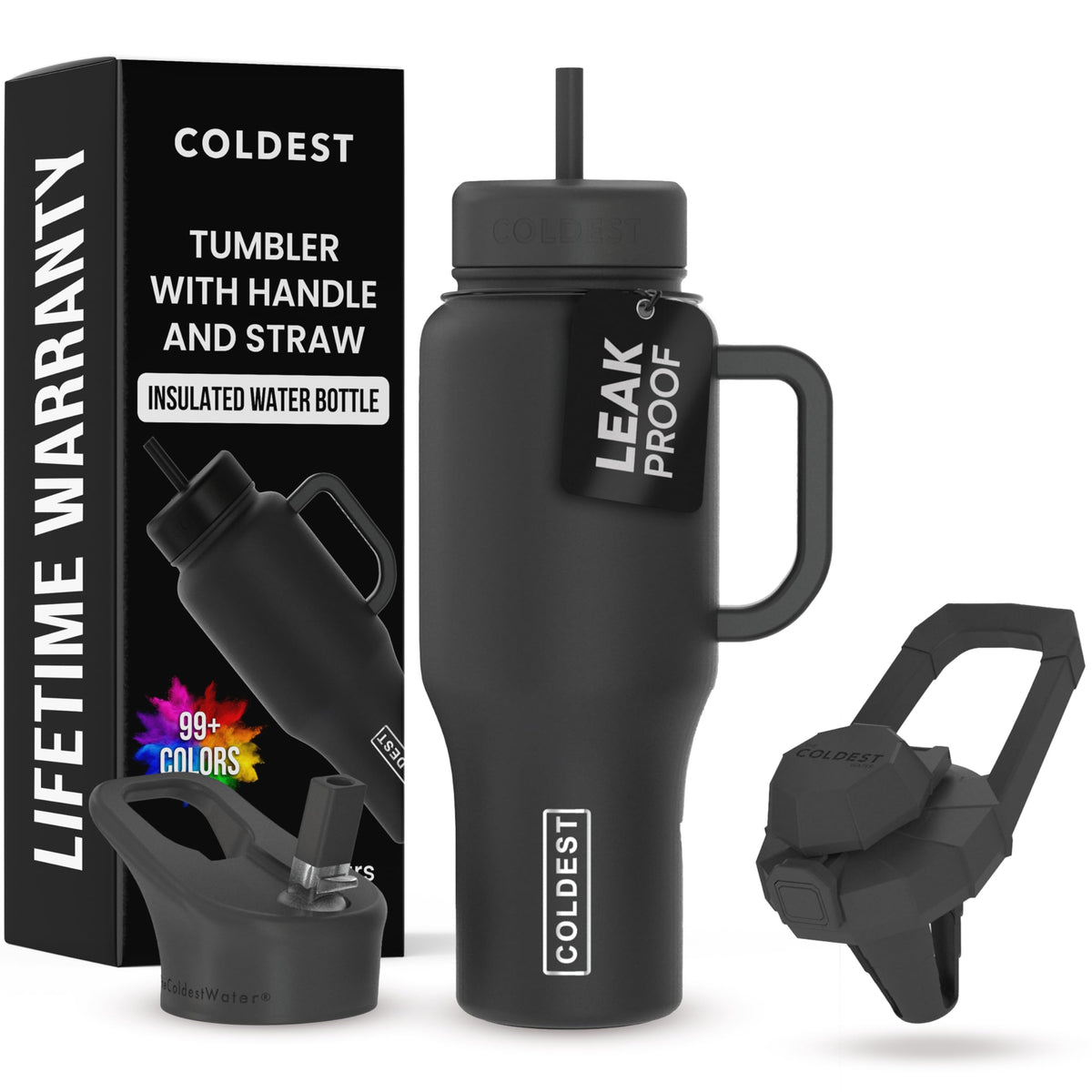 The Coldest Water 36oz tumbler with handle in stealth black for easy carrying.