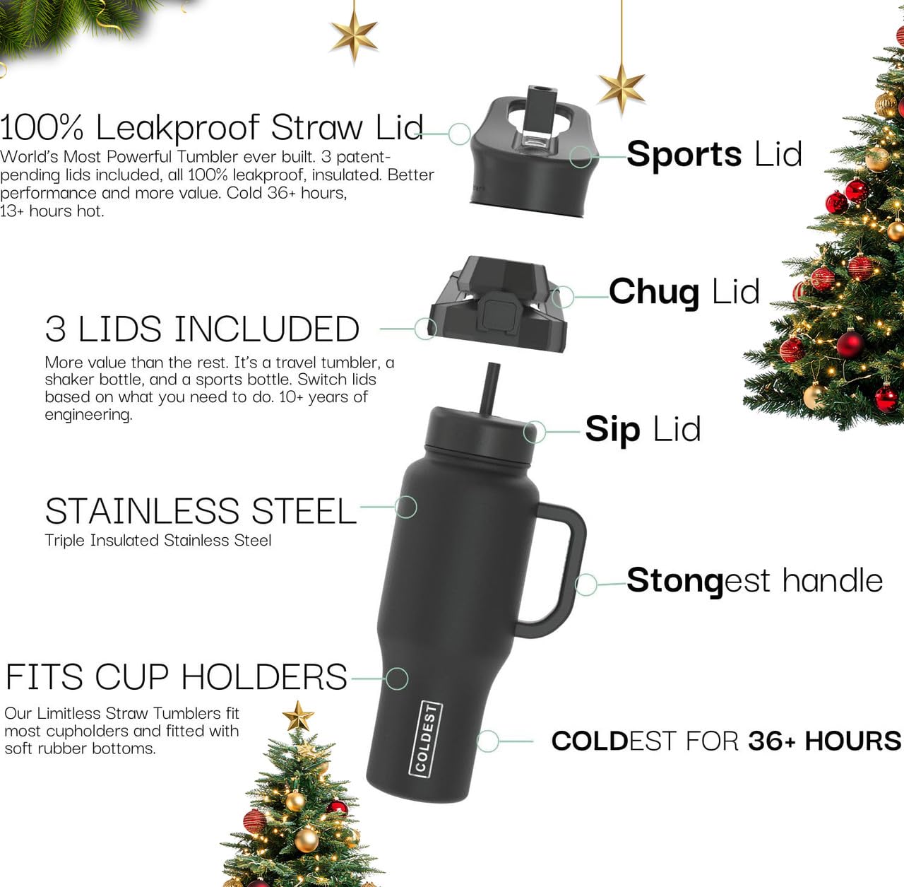 The Coldest Water 46 oz tumbler with handle and straw, lid open for easy sipping.