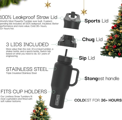 The Coldest Water 46 oz tumbler with handle and straw, lid open for easy sipping.