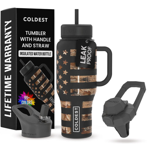 The Coldest Water camouflage tumbler with handle keeps drinks cold longer