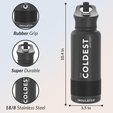 The Coldest Water insulated bottle, straw lid close-up, highlights leak-proof seal and easy cleaning