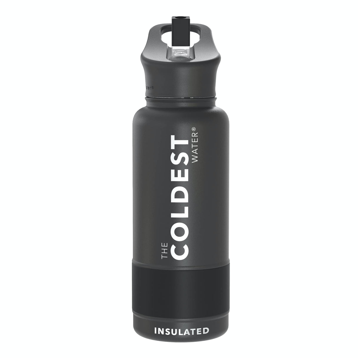 The Coldest Water stealth black 32 oz insulated bottle with straw lid, front view, keeps beverages cold
