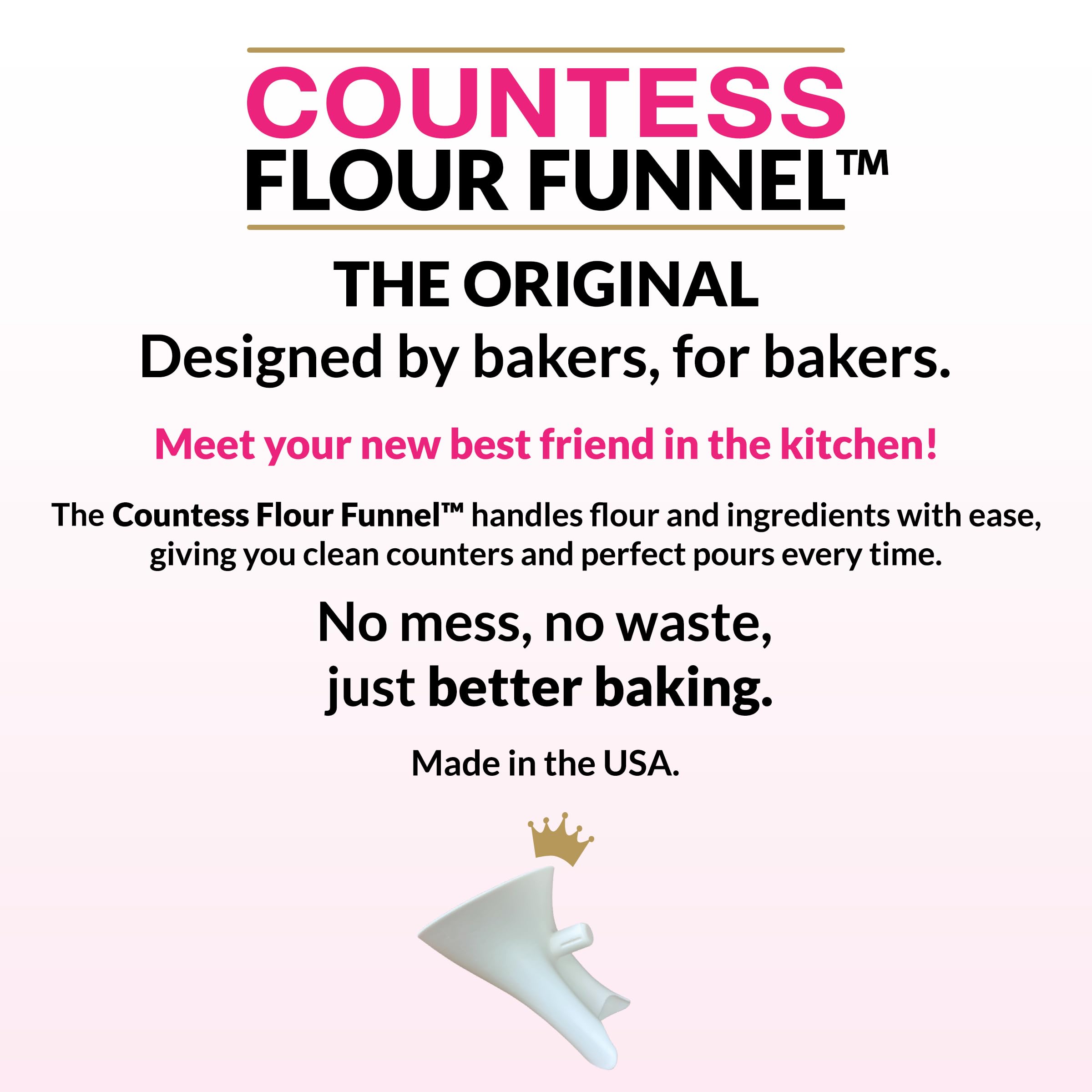 The Countess Flour Funnel in use, pouring dry ingredients smoothly into the mixing bowl.