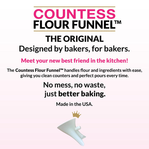The Countess Flour Funnel in use, pouring dry ingredients smoothly into the mixing bowl.
