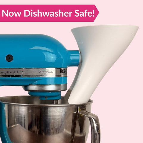 The Cookie Countess Flour Funnel attached to a mixer with the head lifted.