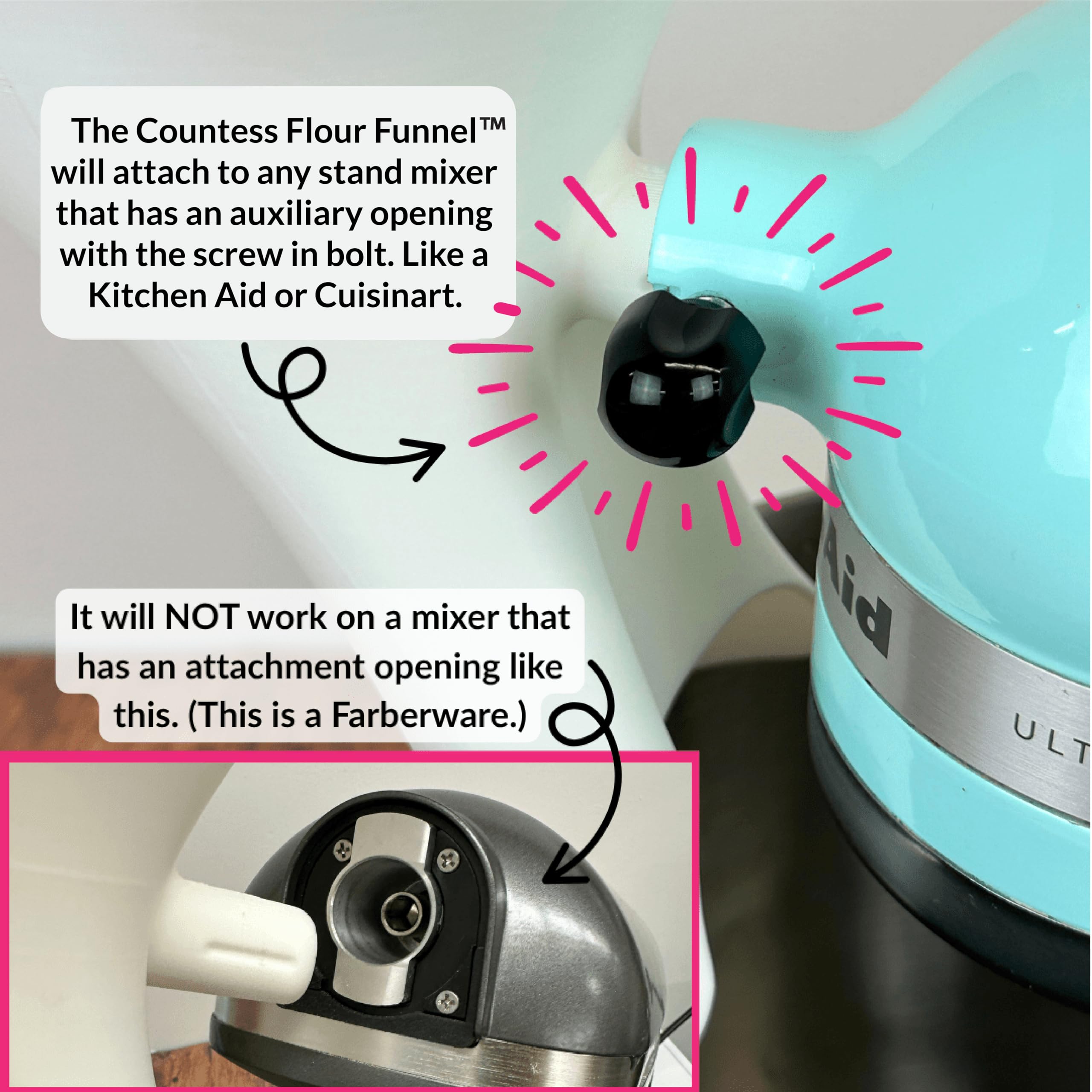 Patented Countess Flour Funnel, made in the USA, designed for confident ingredient pouring.