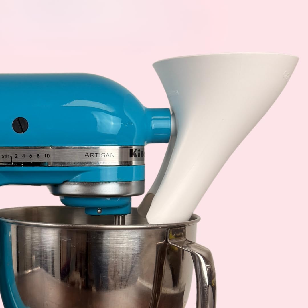 The Cookie Countess Flour Funnel attached to a white stand mixer for mess-free ingredient addition.
