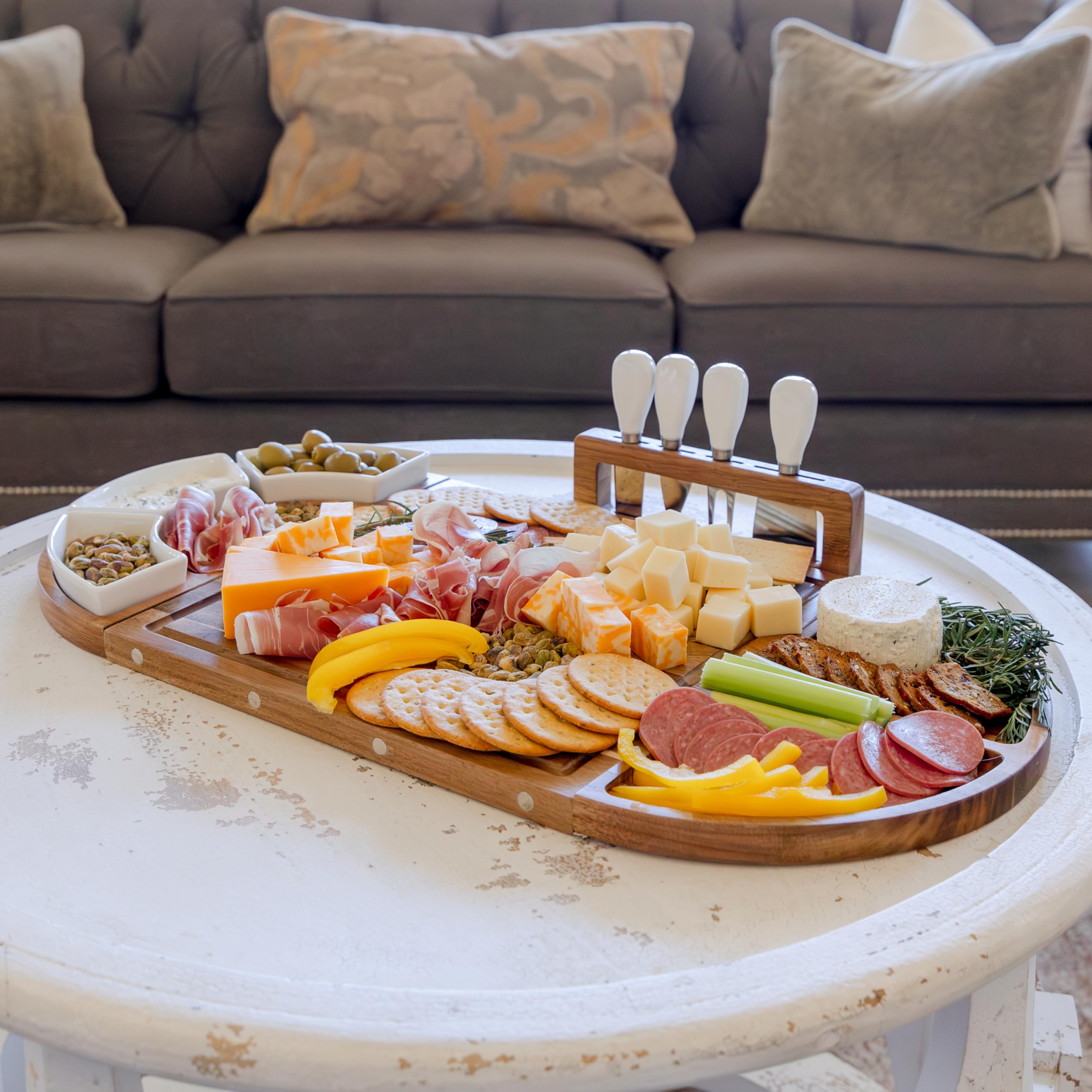 The Elite Snacker acacia board highlights unique grain patterns for striking displays