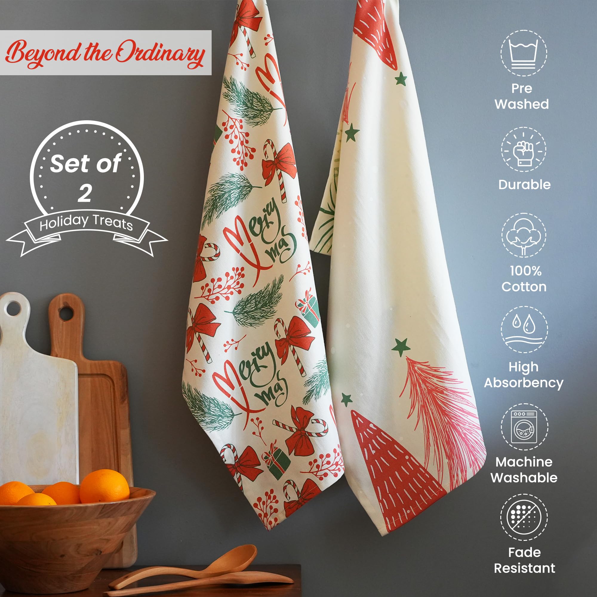 The Fine Living Co Merry Christmas towels folded in green for versatile drying tasks.