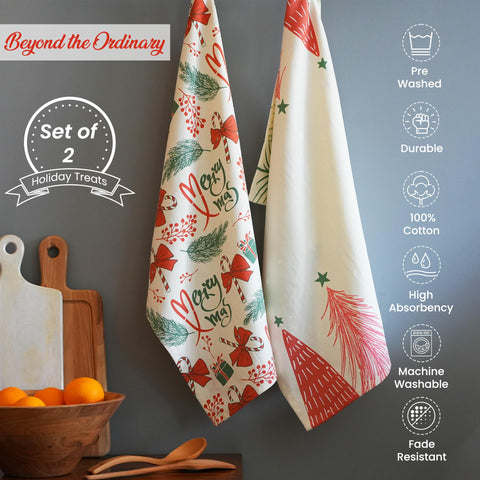 The Fine Living Co Merry Christmas towels folded in green for versatile drying tasks.