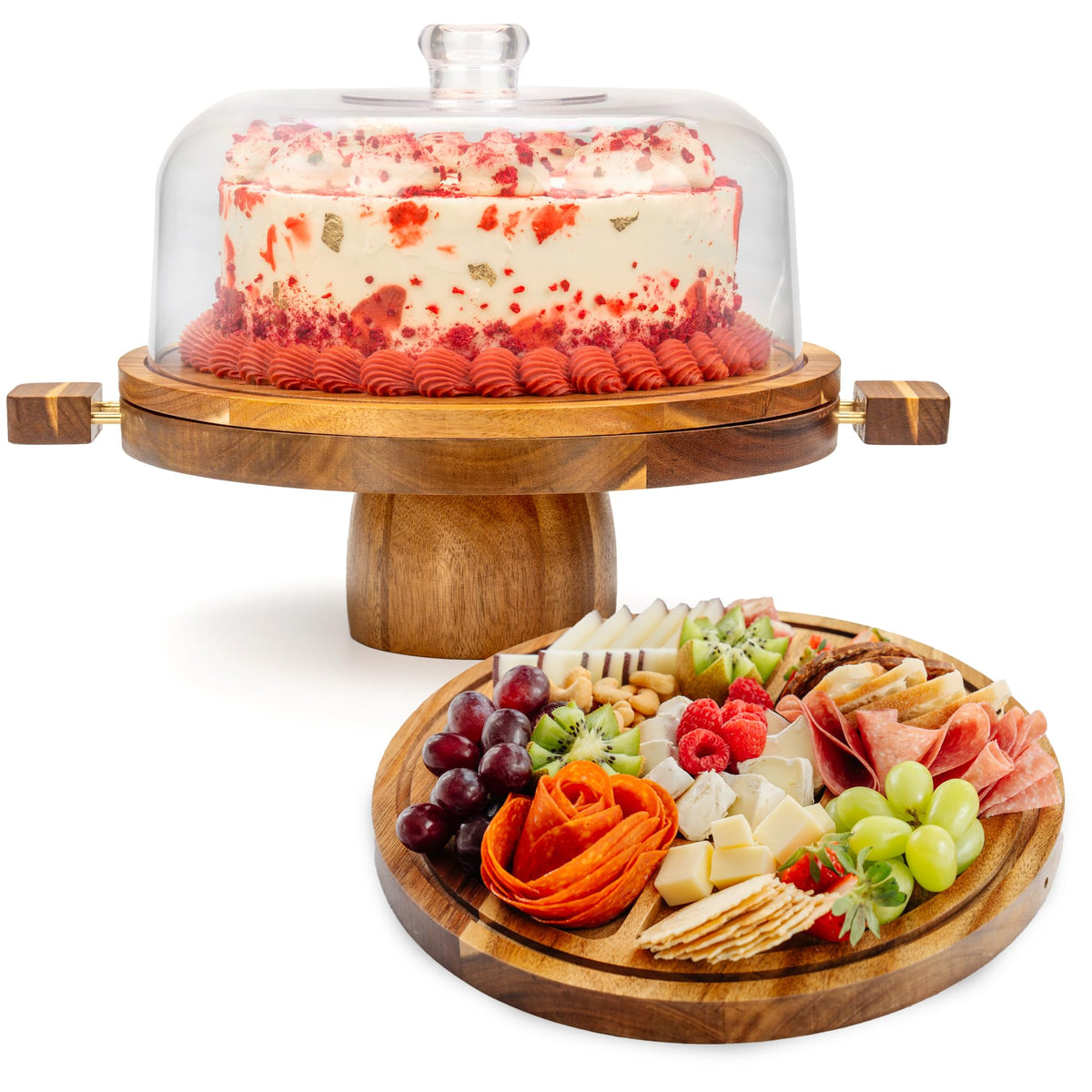 The Foundry House acacia cake stand dome highlights elegant presentation and freshness.