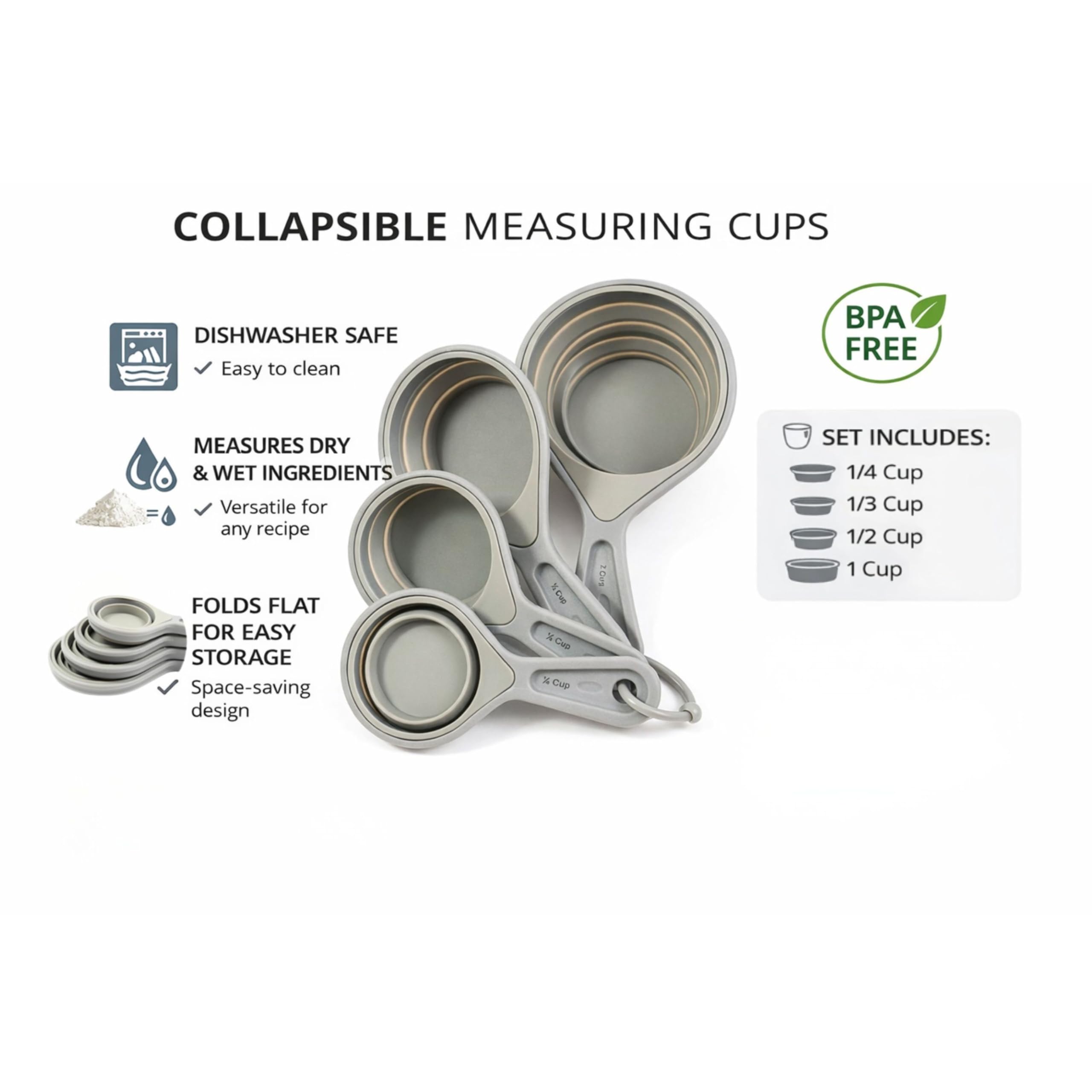 The French Culinary Institute 1/2-cup gray cup extended for accurate recipe measurements.
