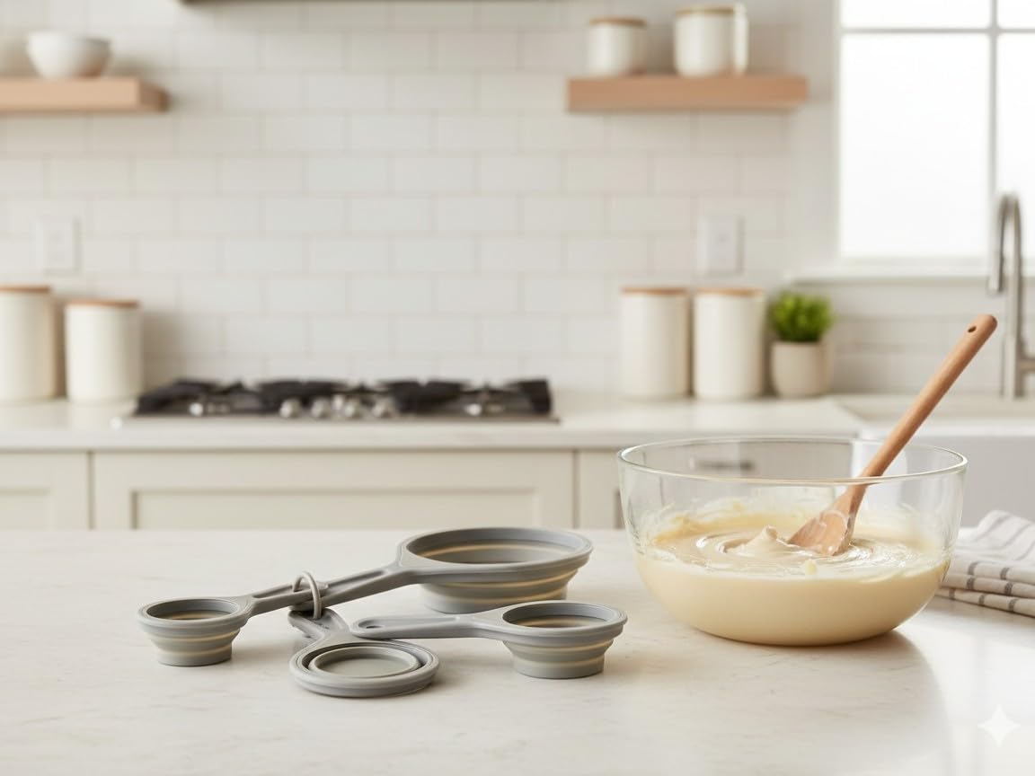 The French Culinary Institute 1-cup gray cup extended for precise portions during baking.