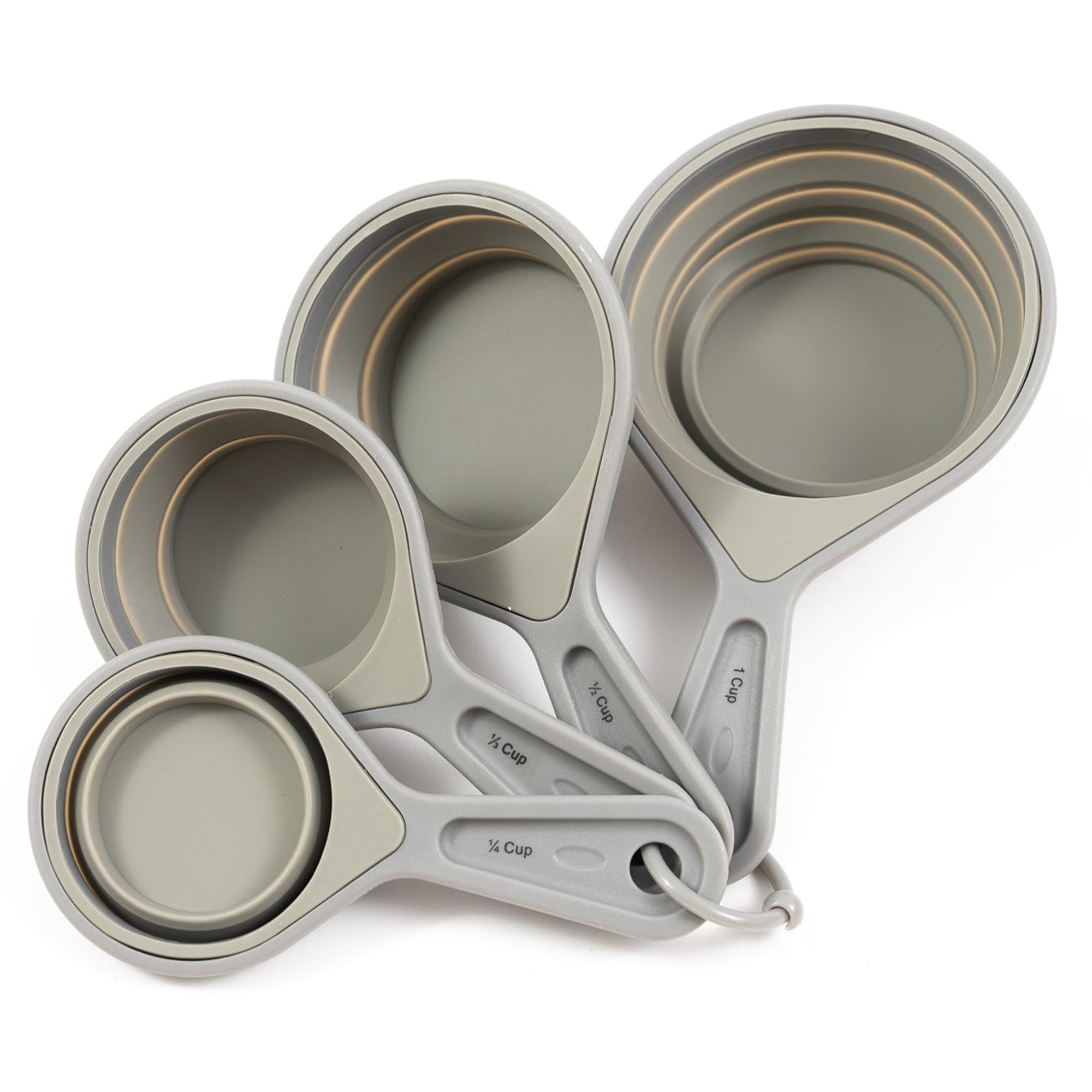 The French Culinary Institute collapsible measuring cup set gray, assembled for space-saving storage.