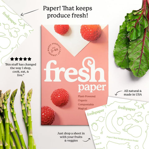 The FreshGlow Co FRESHPAPER keeps berries and greens crisper in the fridge.