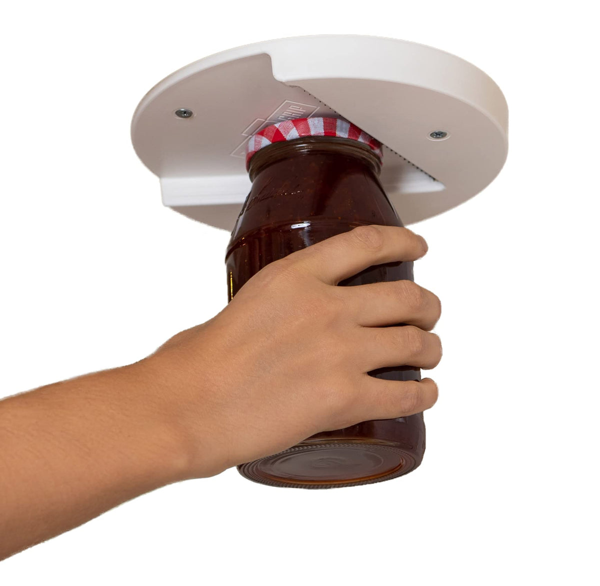 The G Grip under-cabinet jar opener mount demonstrates secure mounting for easy lids.