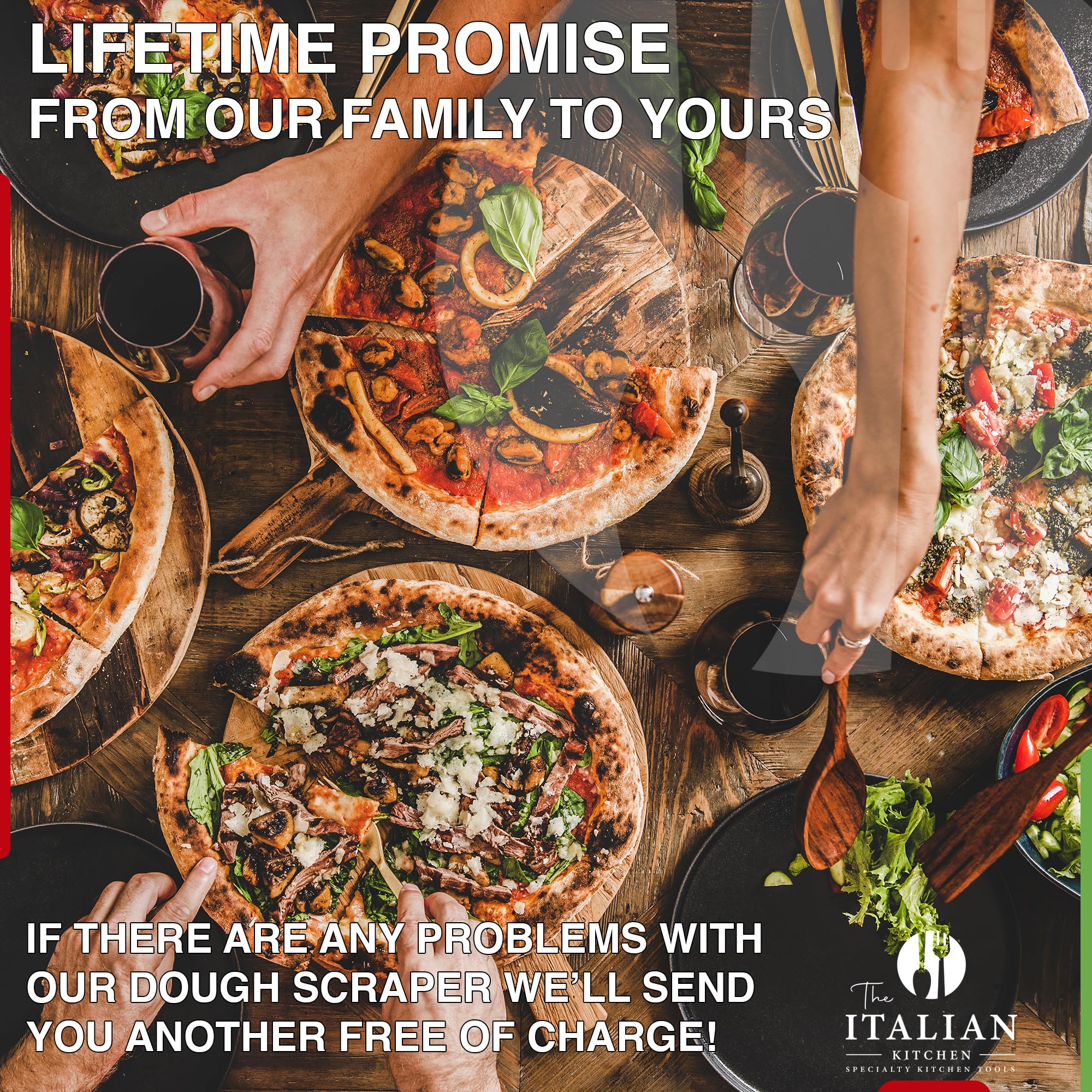 The Italian Kitchen dough scraper with ergonomic handle for comfortable dough work during cooking.