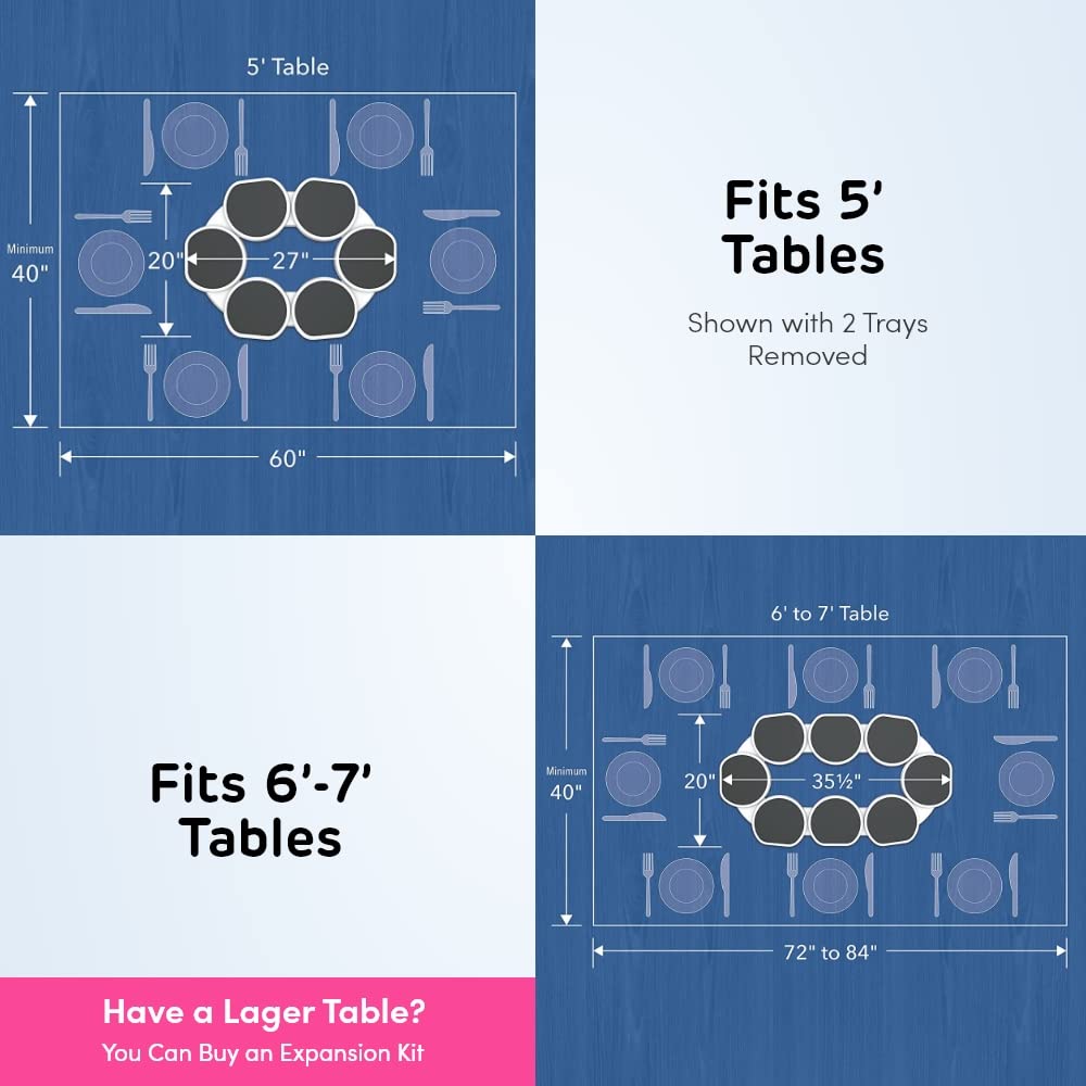 Patented long-table design compatible with rectangular and oblong tables.