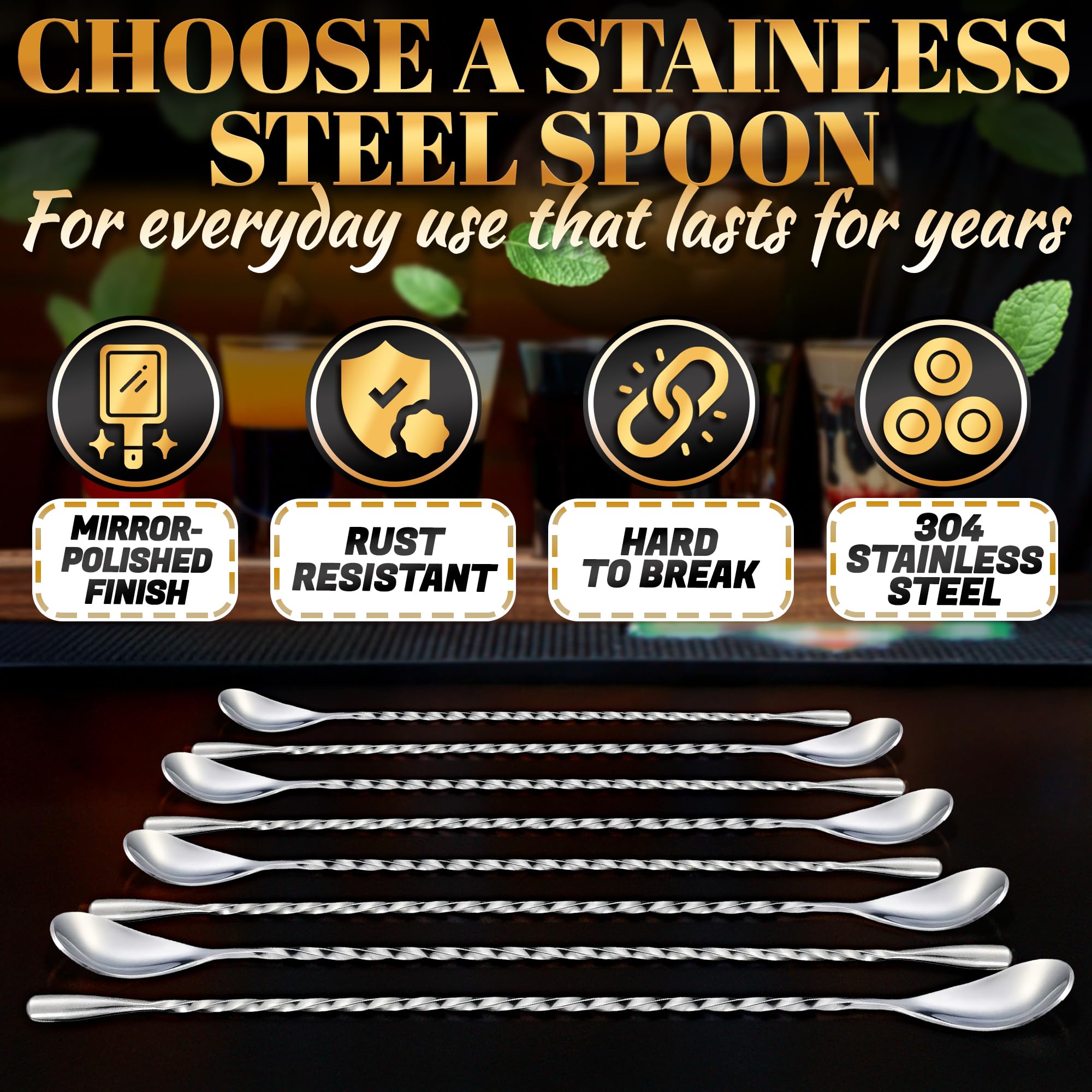 Eight-piece stainless steel bar spoons set from The Little Green Change elevates home bartending