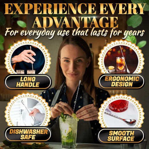 The Little Green Change bar spoon in a cocktail glass enhances presentation