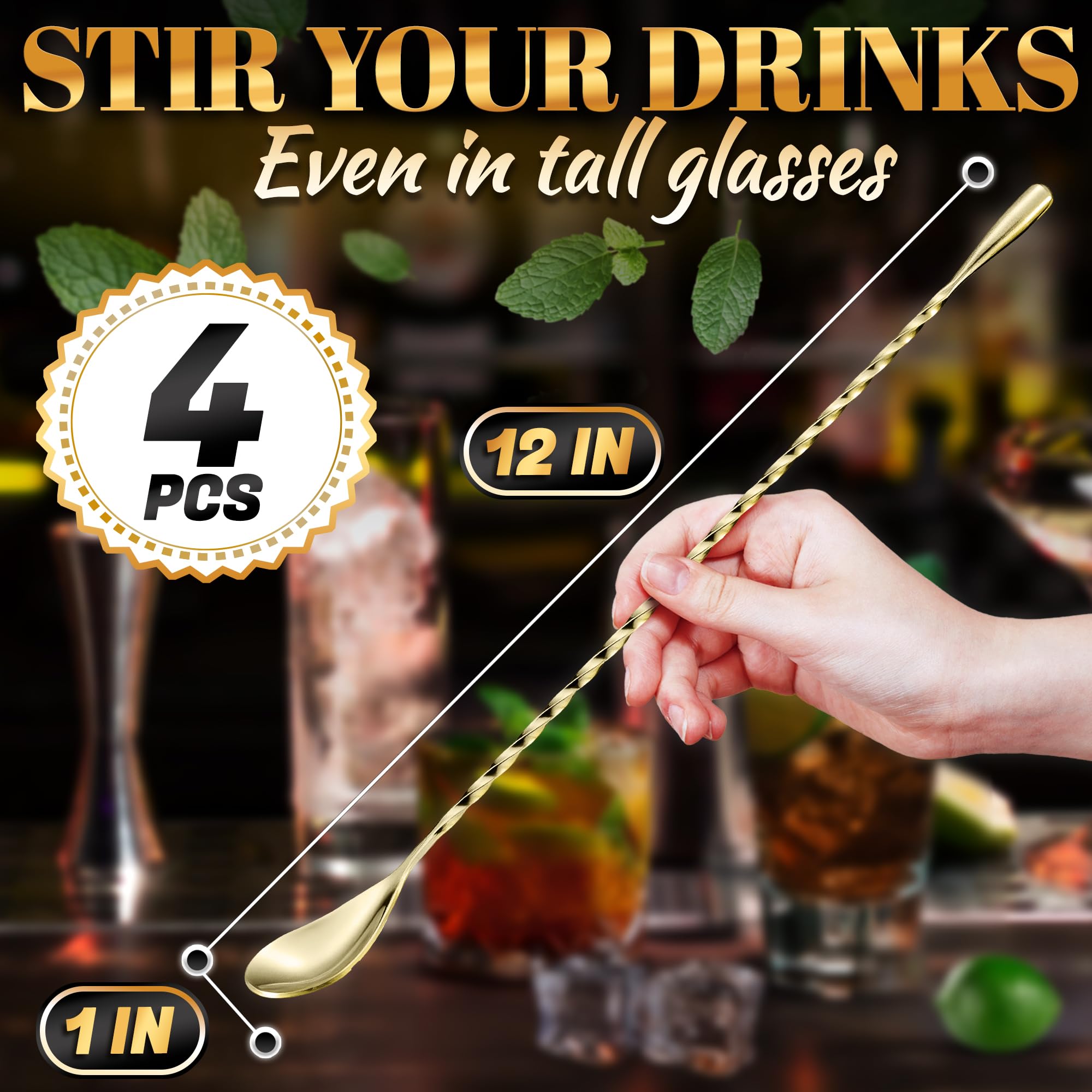 The Little Green Change bar spoon with gold spiral handle ideal for cocktails.