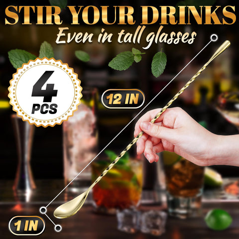 The Little Green Change bar spoon with gold spiral handle ideal for cocktails.