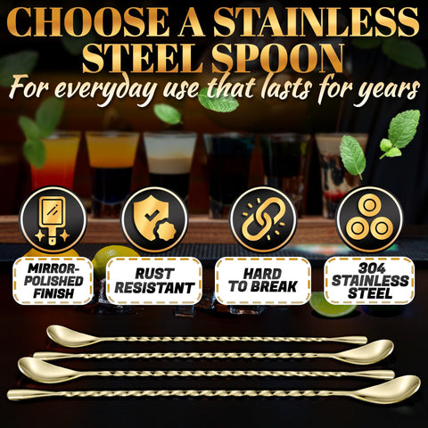 Gold spiral handle bar spoon in daily use at home or bar settings.