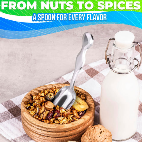 The Little Green Change steel scoops, versatile for popcorn, sugar, and coffee jars.