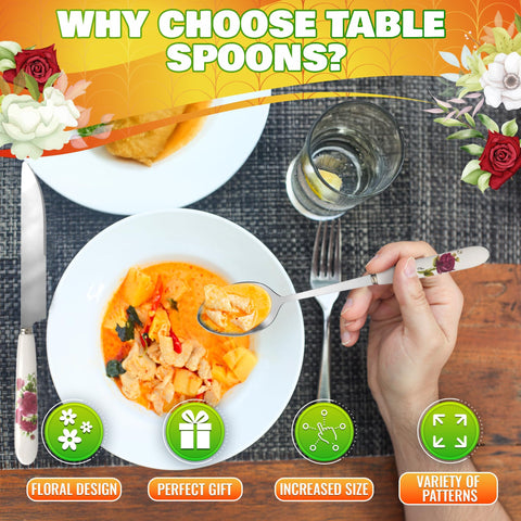 The Little Green Change floral-pattern spoons elevate table aesthetics during gatherings.