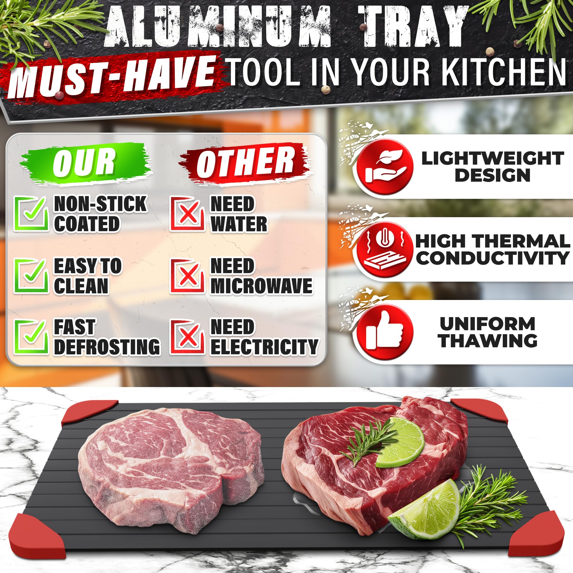 The Little Green Change defrost tray on the kitchen counter shows easy handling.