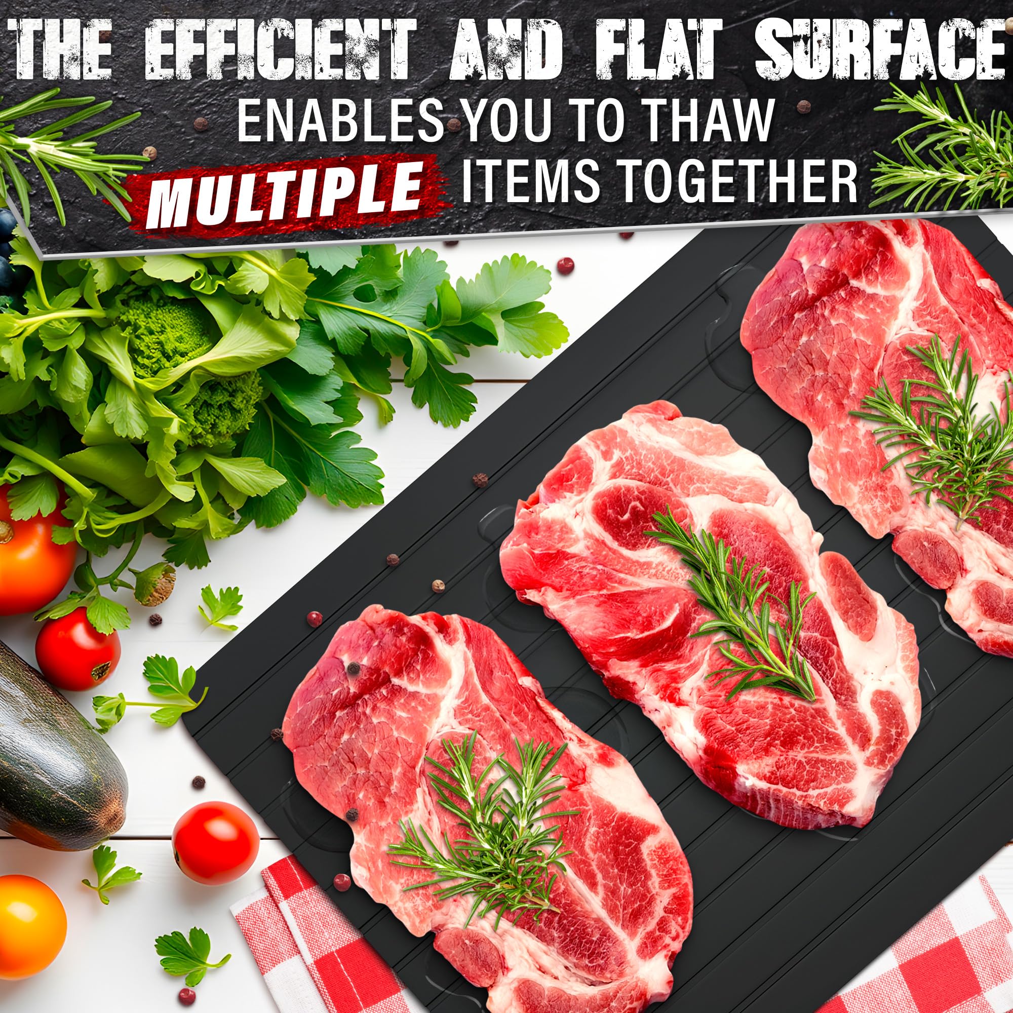 The Little Green Change defrosting tray thawing meat efficiently on a flat surface