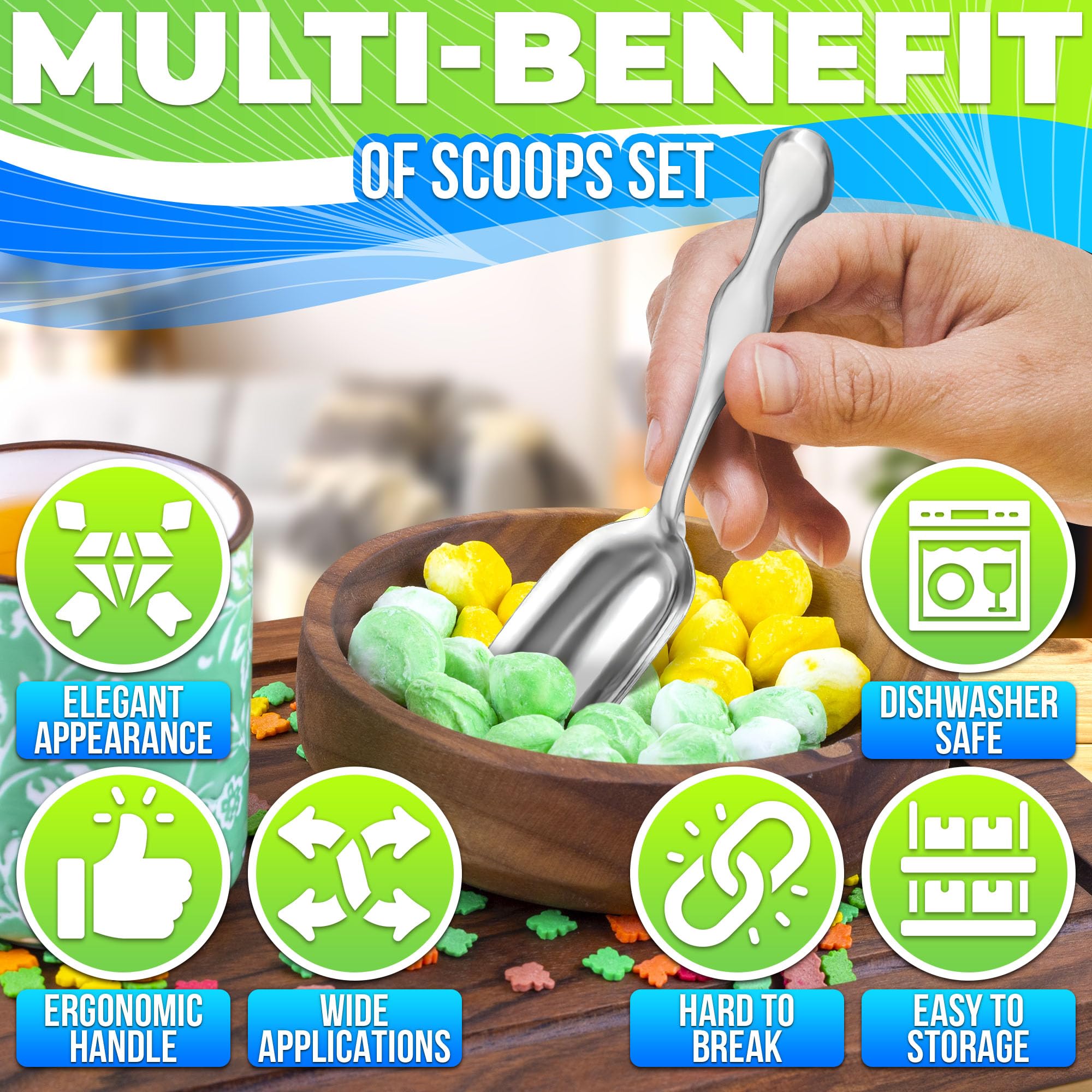The Little Green Change small food scoops, dishwasher-safe convenience for kitchen jars.