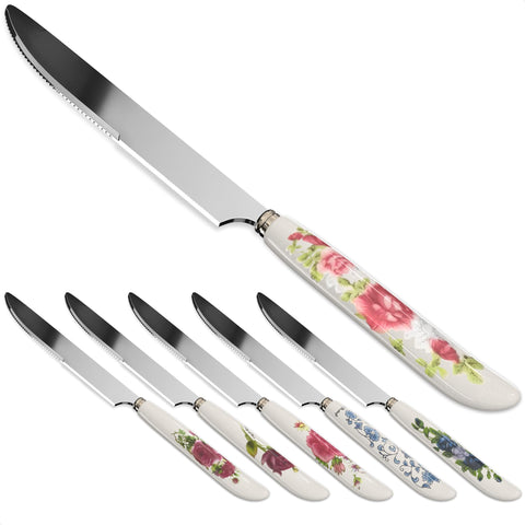 The Little Green Change floral knife close-up showing serrated blade for smooth slicing