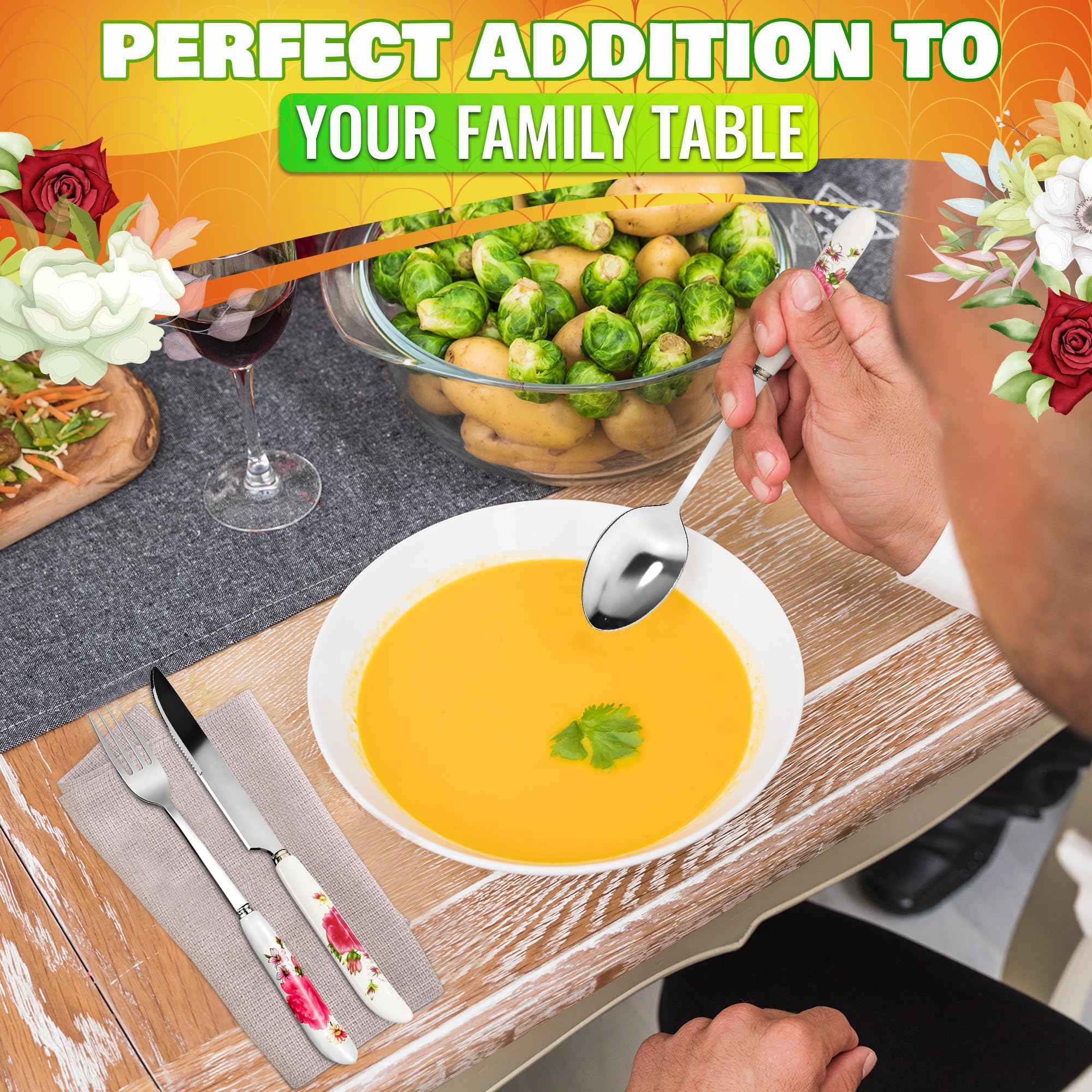 The Little Green Change ceramic-handle spoons provide a comfortable grip for serving soups.