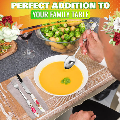 The Little Green Change ceramic-handle spoons provide a comfortable grip for serving soups.