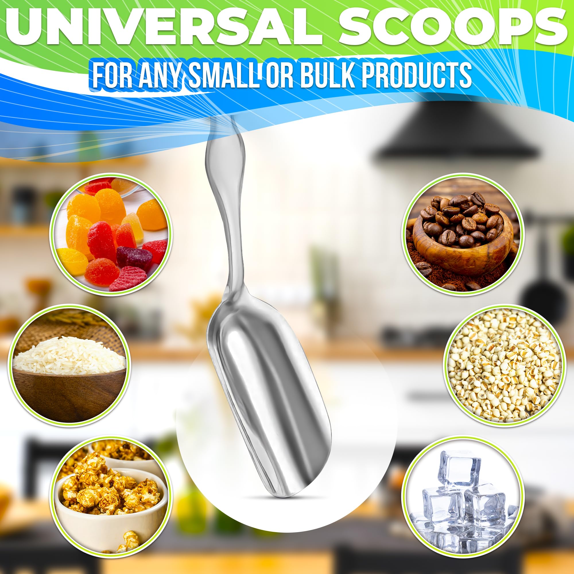 The Little Green Change mini scoops with mirror finish, elegant pantry organization.