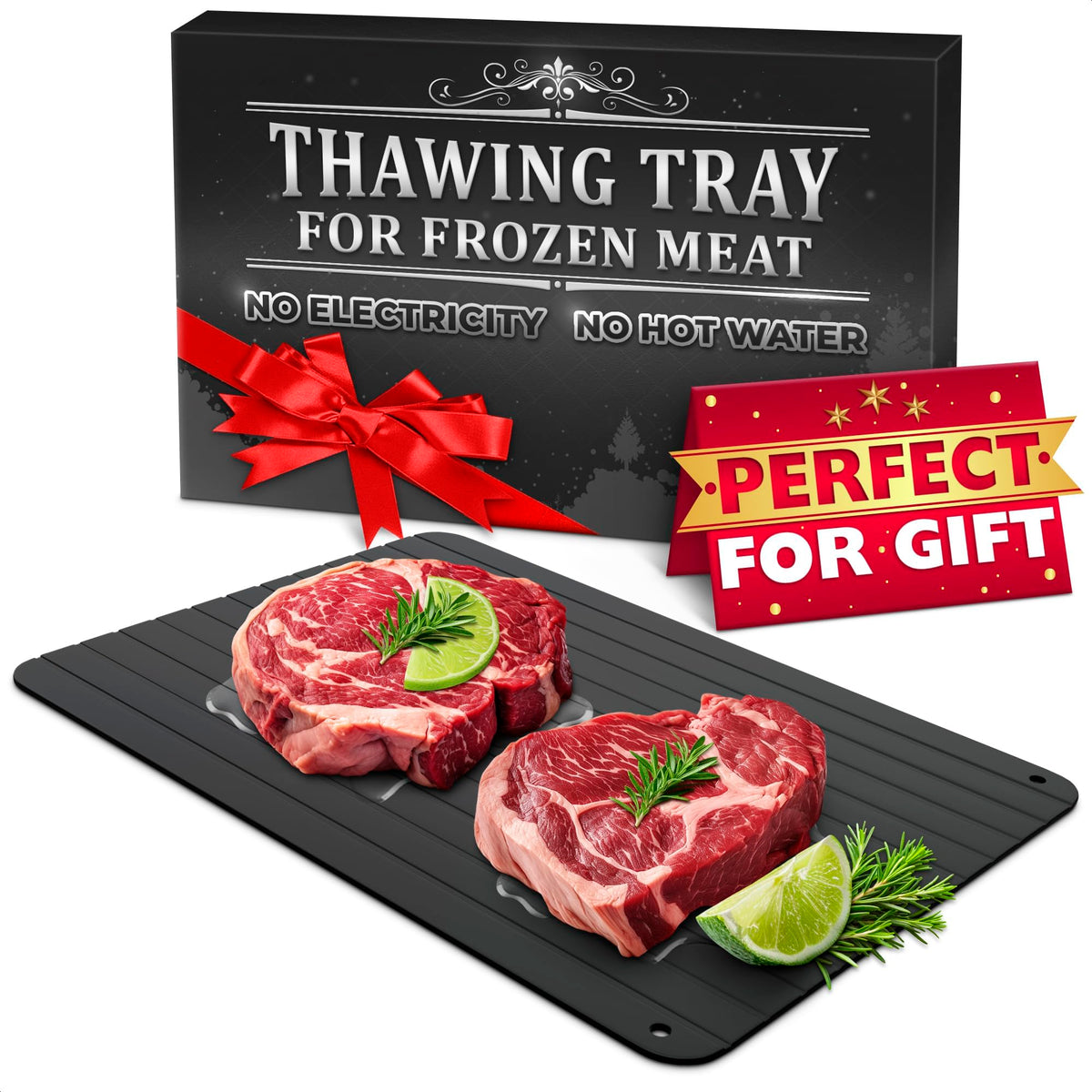 The Little Green Change defrosting tray on counter speeds meat thawing for dinner prep