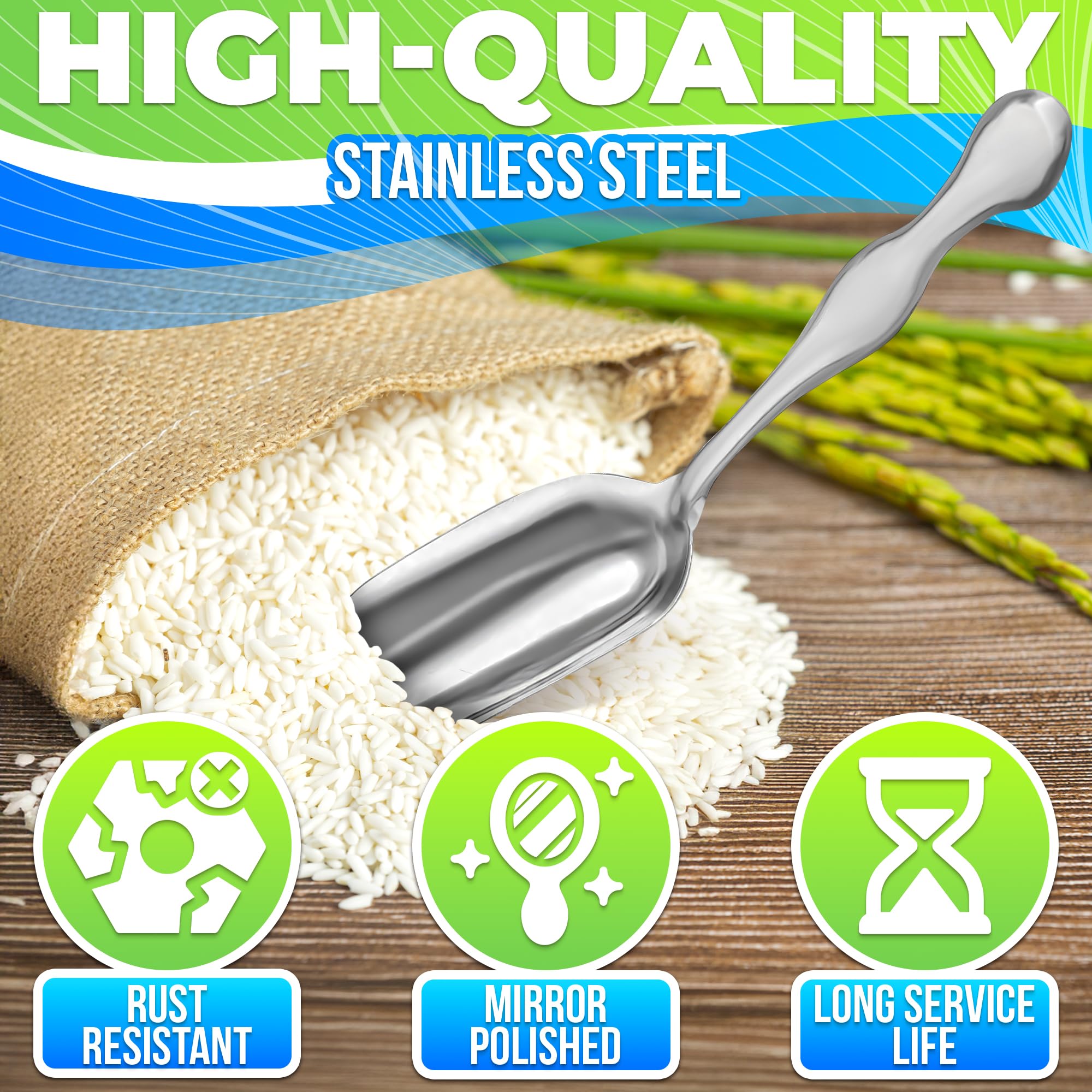 The Little Green Change stainless scoop set, space-saving design for candy and snacks.