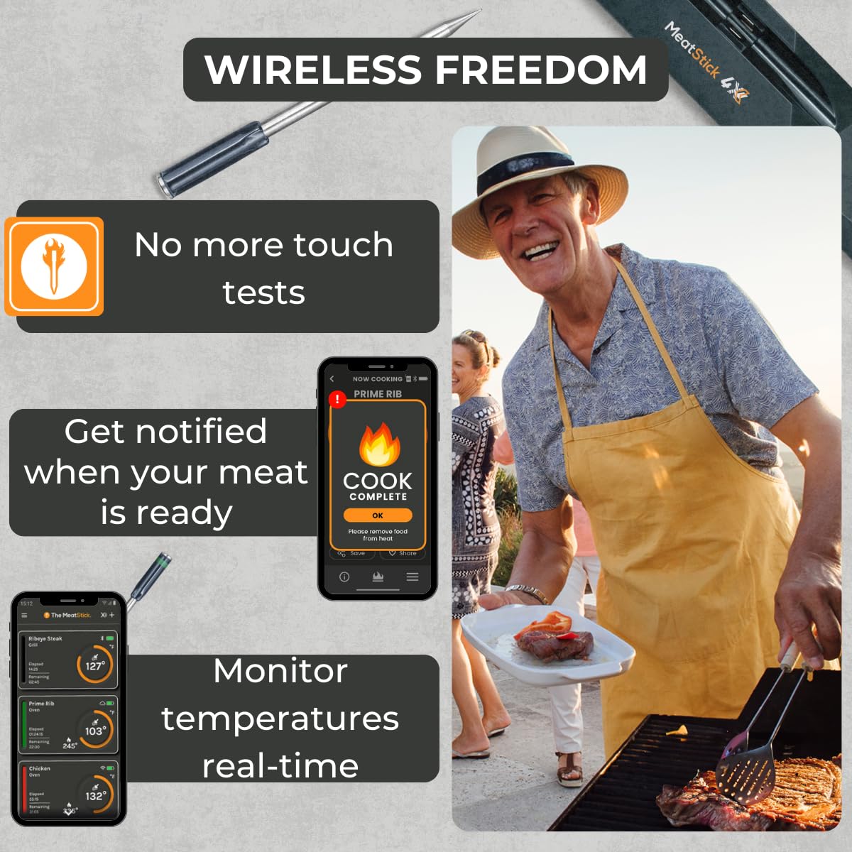 MeatStick 4X quad-sensors close-up shows precise temperature monitoring.