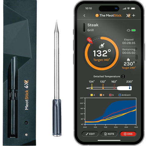 The MeatStick 4X wireless thermometer probe on grill for precise cooking.