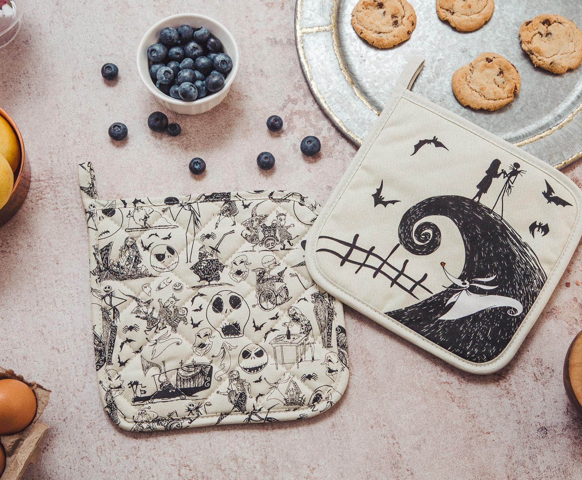 Jack Skellington and friends design on Nightmare pot holders for spooky kitchen use