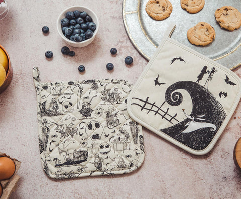 Jack Skellington and friends design on Nightmare pot holders for spooky kitchen use